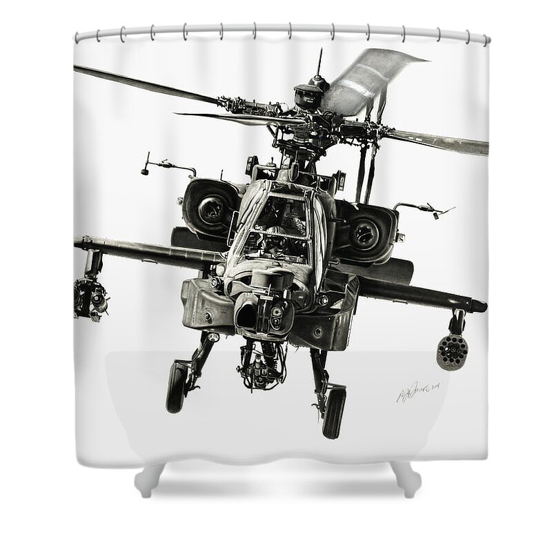 Apache Helicopter Shower Curtain featuring the drawing Gunship by Murray Jones