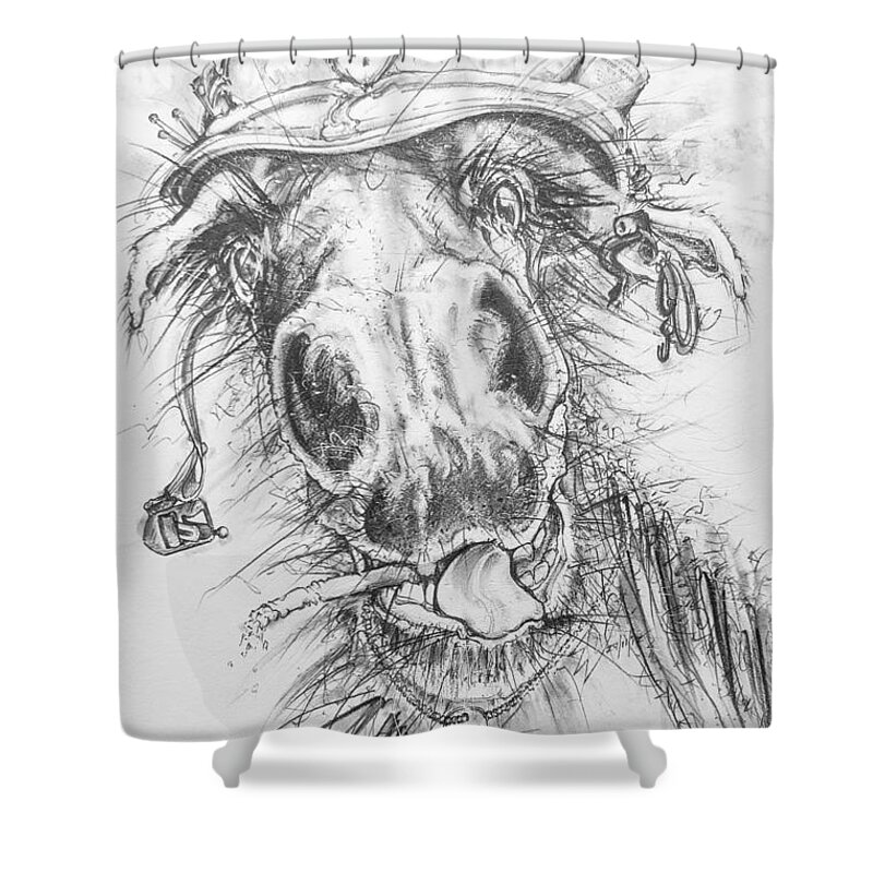 Horse Shower Curtain featuring the drawing Hair-ied Horse Soilder by Scott and Dixie Wiley