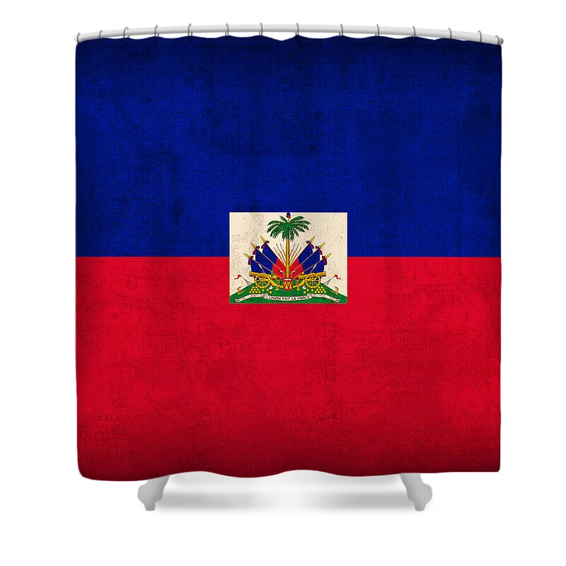 Haiti Shower Curtain featuring the mixed media Haiti Flag Vintage Distressed Finish by Design Turnpike
