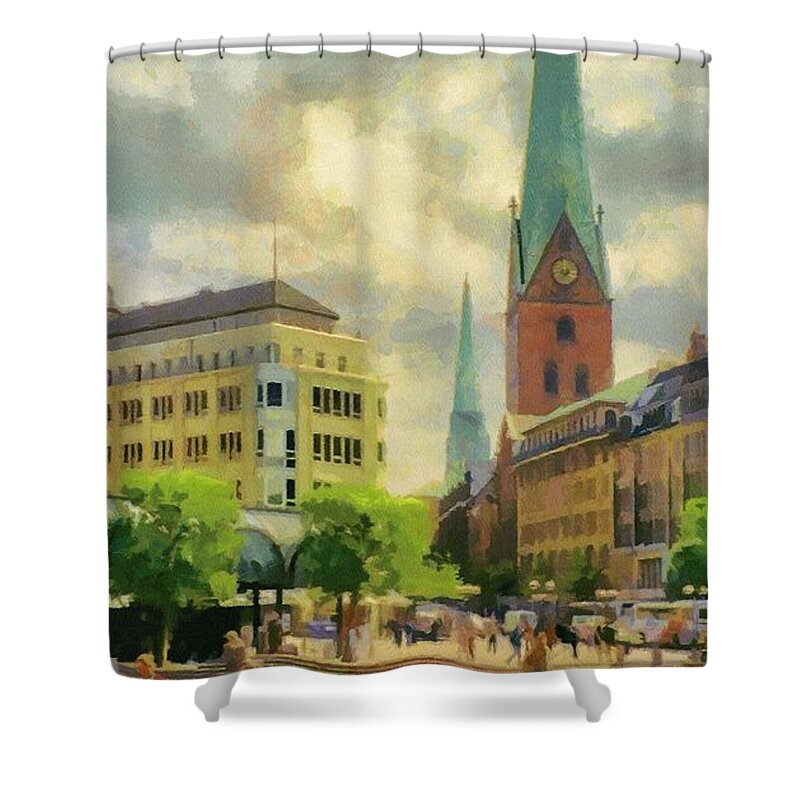 Europe Shower Curtain featuring the painting Hamburg Street Scene by Jeffrey Kolker
