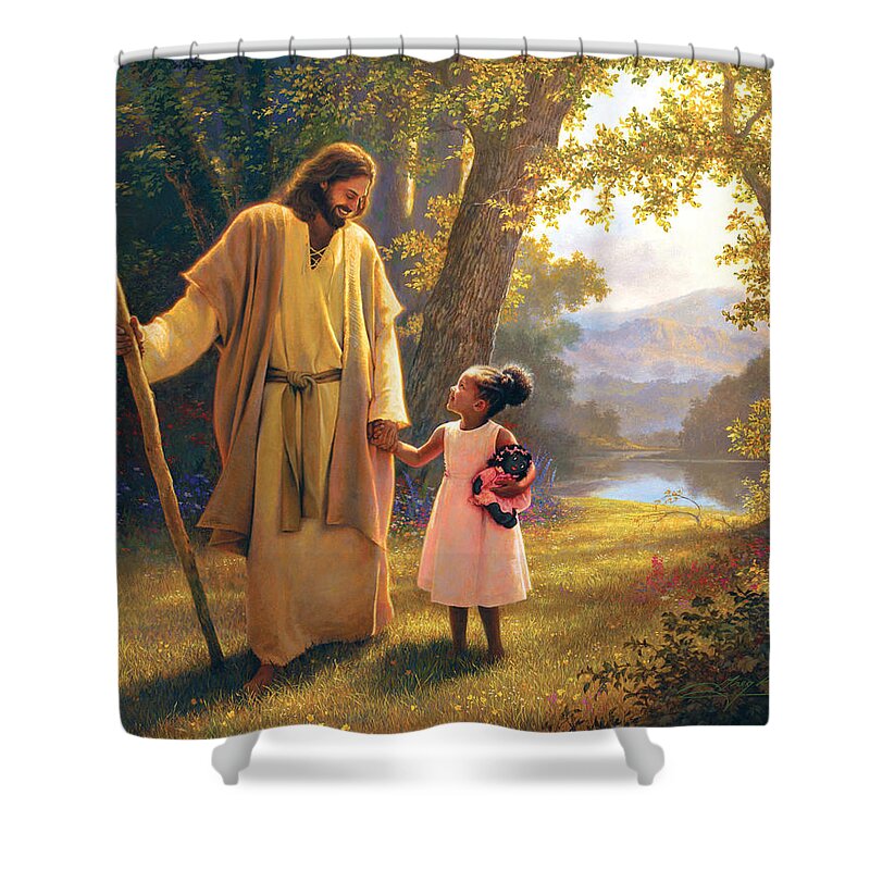 Jesus Shower Curtain featuring the painting Hand in Hand by Greg Olsen