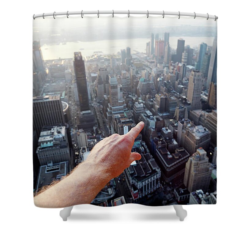 Mature Adult Shower Curtain featuring the photograph Hands Pointing At City As Seen From by Chris Tobin