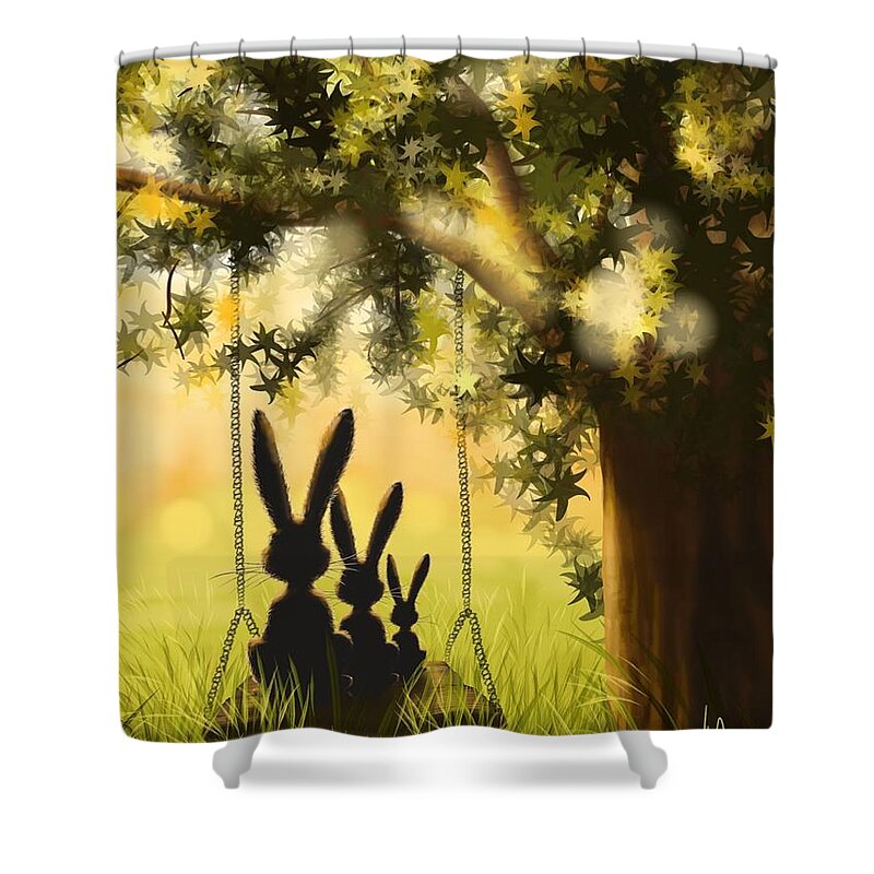 Bunny Shower Curtain featuring the painting Happily together by Veronica Minozzi