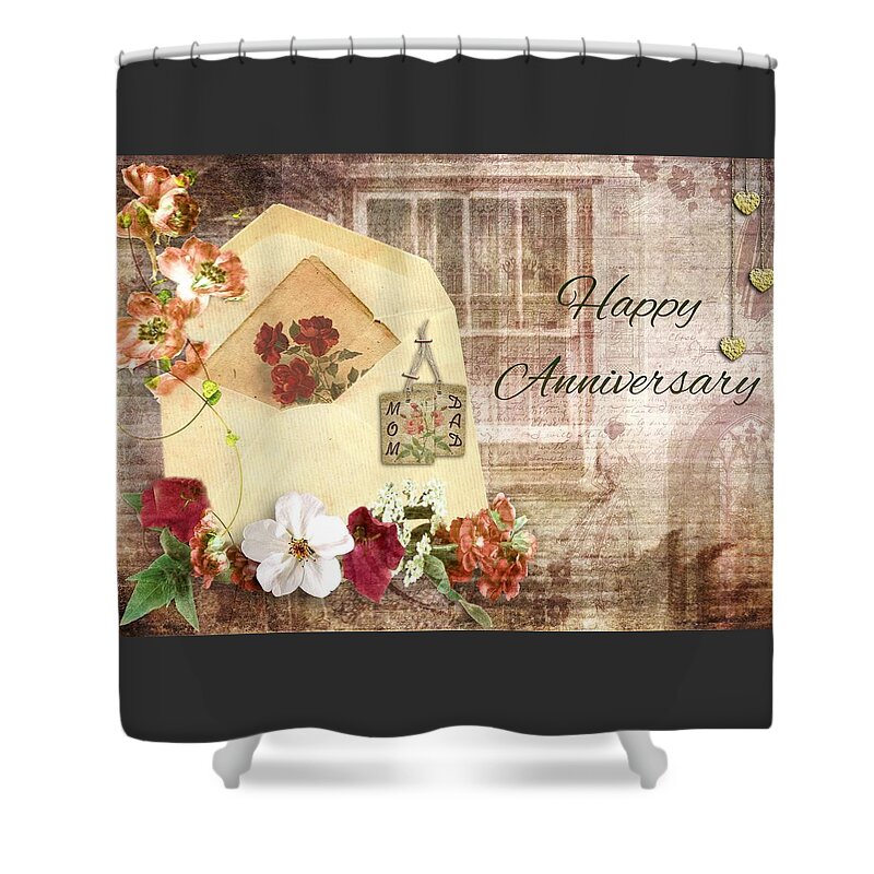 Cherish Shower Curtain featuring the mixed media Happy Anniversary Mom and Dad by Paula Ayers