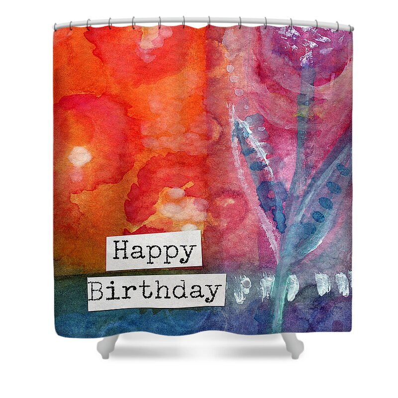 #faaAdWordsBest Shower Curtain featuring the painting Happy Birthday- watercolor floral card by Linda Woods