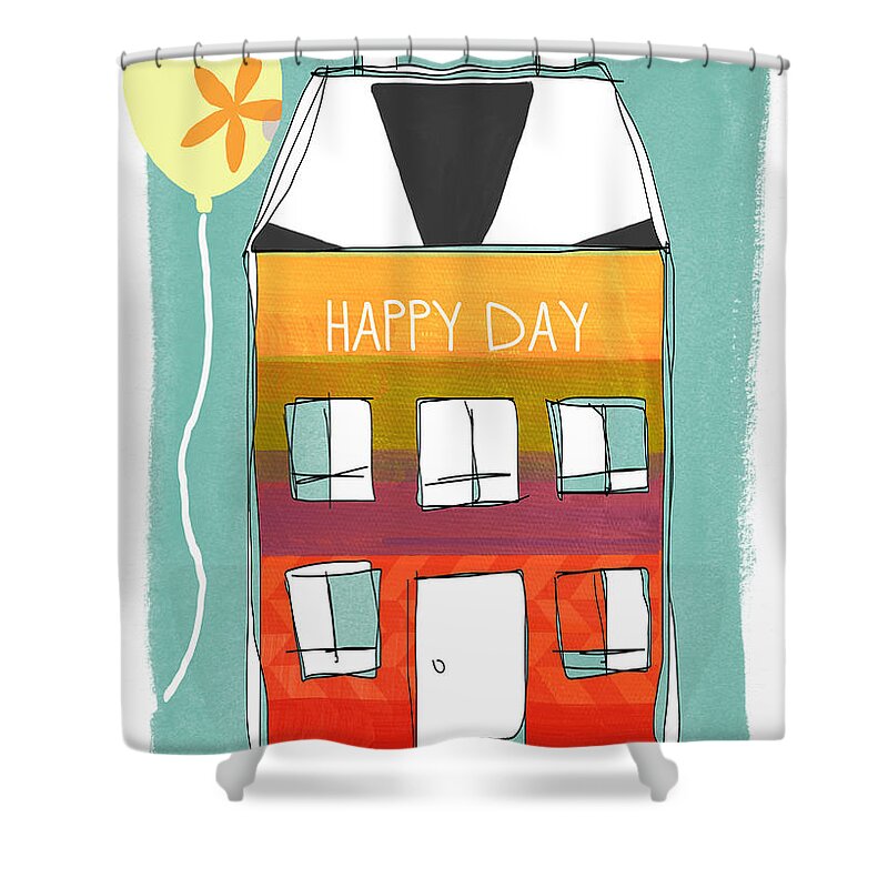 Birthday Shower Curtain featuring the mixed media Happy Day Card by Linda Woods