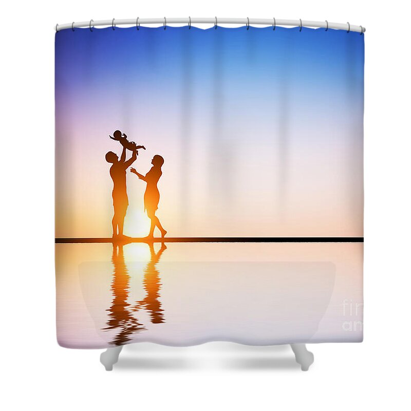 Family Shower Curtain featuring the photograph Happy family together parents celebrating their little child by Michal Bednarek