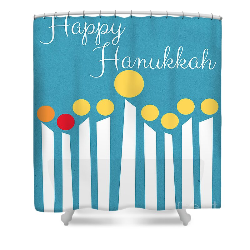 Menorah Shower Curtain featuring the mixed media Happy Hanukkah Menorah Card by Linda Woods