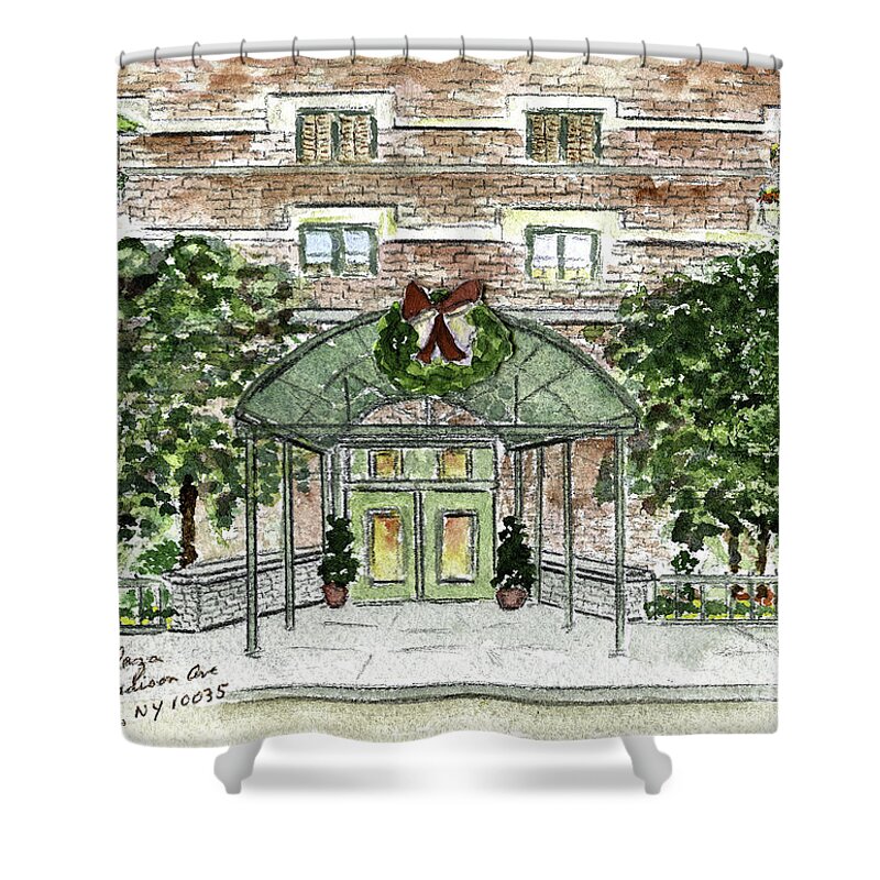 Holiday Card Shower Curtain featuring the painting Happy Holidays at 1919 Madison Avenue in Harlem by AFineLyne