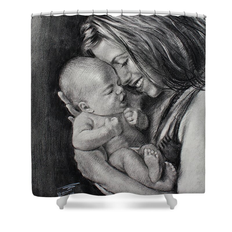 Happy Young Mother Shower Curtain featuring the drawing Happy Young Mother by Ylli Haruni