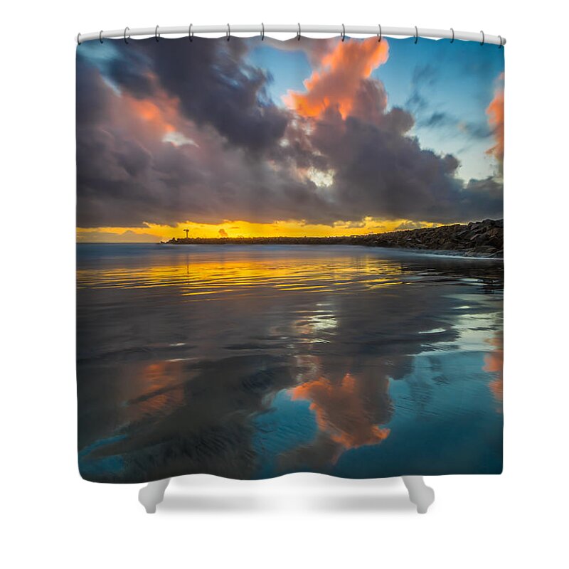 California; Long Exposure; Ocean; Reflection; San Diego; Seascape; Sunset; Surf; Clouds Shower Curtain featuring the photograph Harbor Jetty Reflections by Larry Marshall