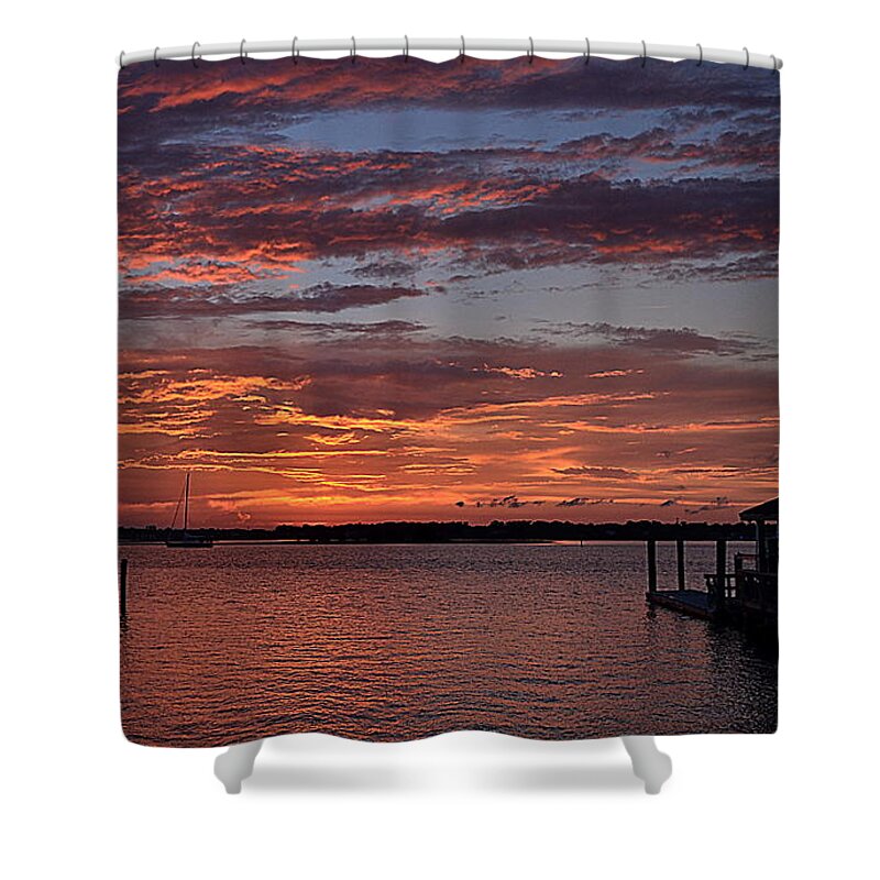 Sunset Shower Curtain featuring the photograph Harbor Side Sunset at Boat Dock by Amy Lucid