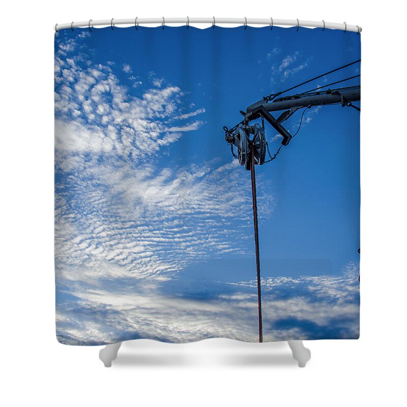 Pulley Shower Curtain featuring the photograph Harborwork by Andreas Berthold