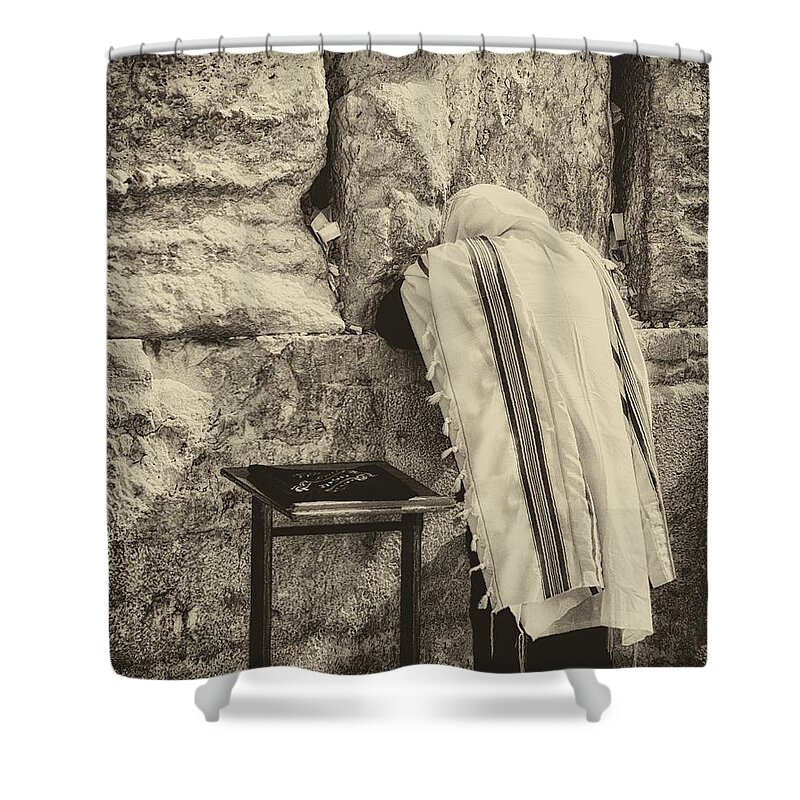 Israel Shower Curtain featuring the photograph Harken Unto My Prayer O Lord Western Wall Jerusalem Antiqued by Mark Fuller