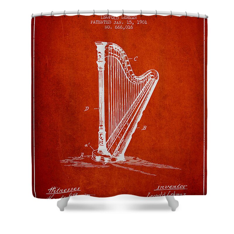Harp Shower Curtain featuring the digital art Harp Music Instrument Patent from 1901 - Red by Aged Pixel