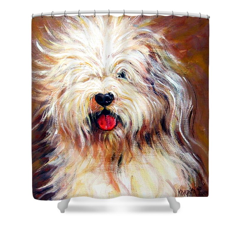 Sheepdog Shower Curtain featuring the painting Harvey the Sheepdog by Rebecca Korpita
