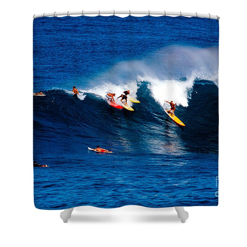 Horizontal; Outdoors; Day; Elevated View; Incidental People; Skill; Non Urban Scene; Sea; Wave; Surfing; Surfboard; Outdoor Pursuit; Recreational Pursuit; Sport; Challenge; Rivalry; Competition; Hawaii; Oahu; Usa Shower Curtain featuring the photograph Hawaii Oahu Waimea Bay Surfers by Anonymous