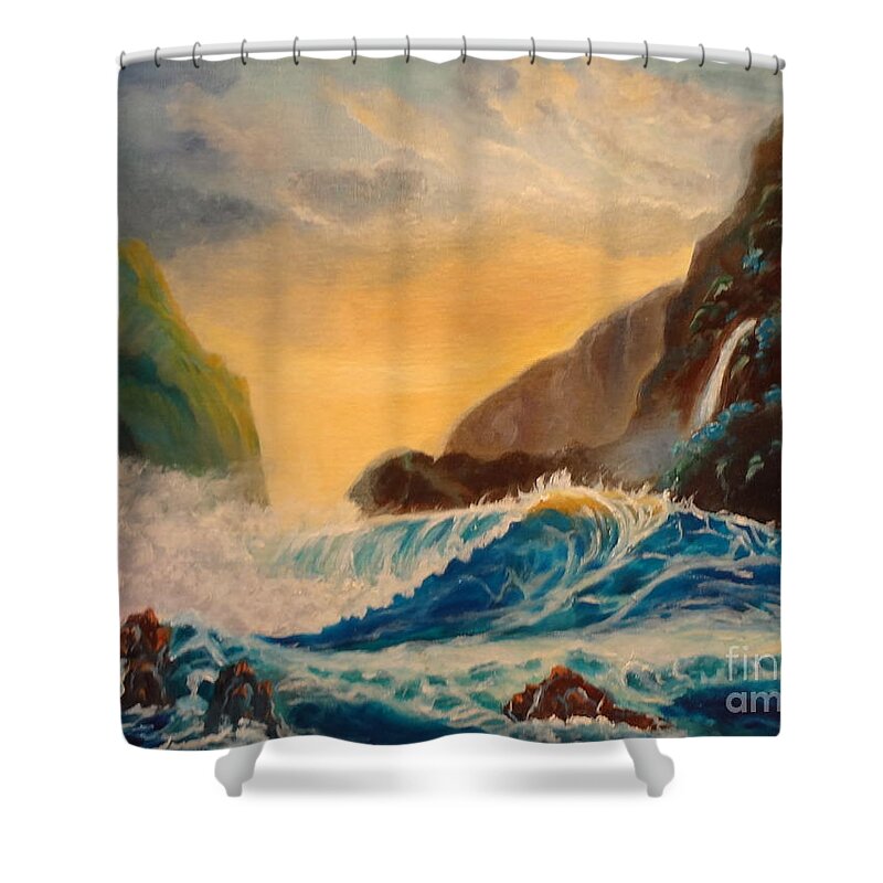 Turquoise Shower Curtain featuring the painting Hawaiian Turquoise Sunset  Copyright by Jenny Lee