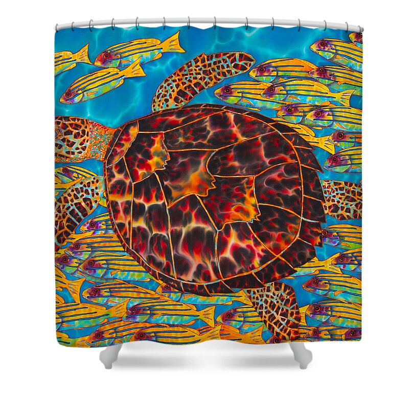 Turtle Shower Curtain featuring the painting Hawksbill Sea Turtle and Snappers by Daniel Jean-Baptiste