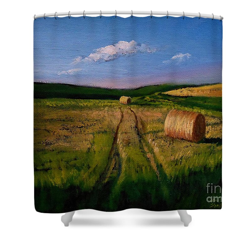 Farm Shower Curtain featuring the painting Hay Rolls on the Field by Christopher Shellhammer