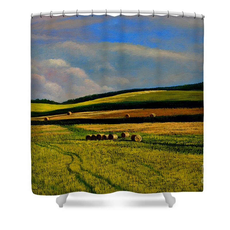 Hay Rolls Shower Curtain featuring the painting Hay Rolls on the Field Number Two by Christopher Shellhammer