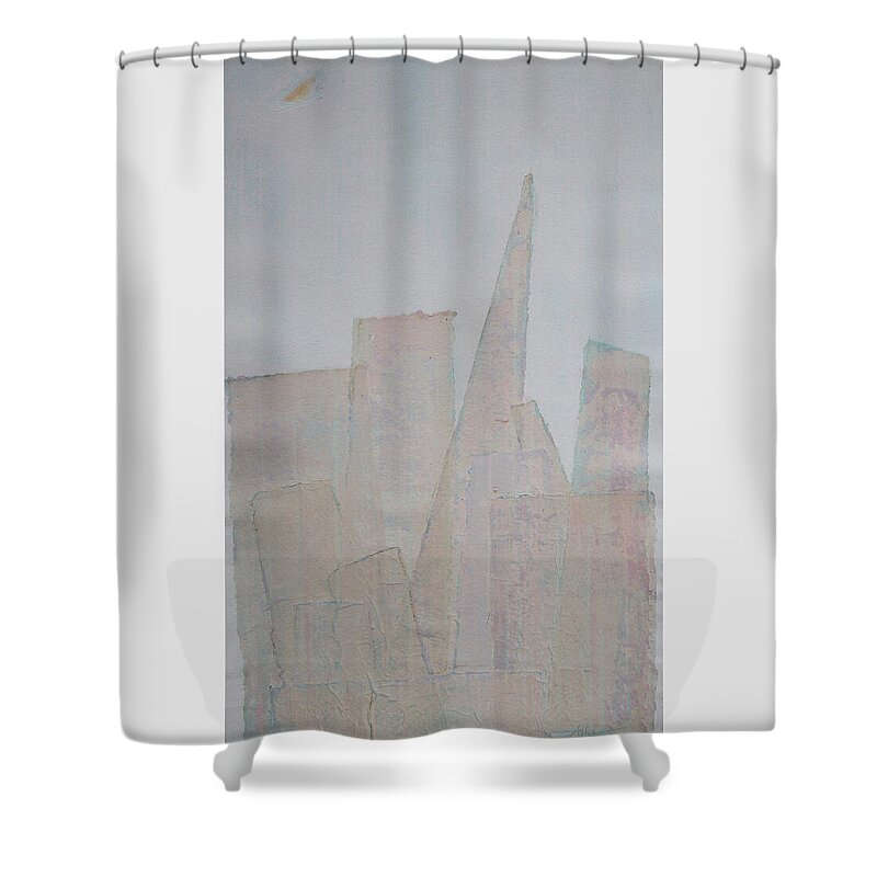 Mixed Media Collage Painting Shower Curtain featuring the painting Hazy Fog Clearing Over San Francisco by Asha Carolyn Young