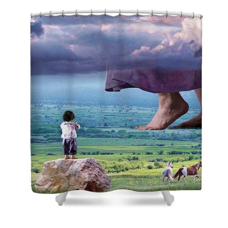  Children Shower Curtain featuring the mixed media He Still Walks Here by Bill Stephens