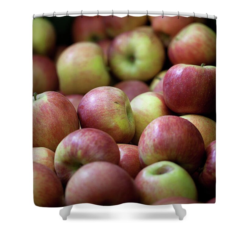 Heap Shower Curtain featuring the photograph Heap Of Organic Red Apples by Les Hirondelles Photography