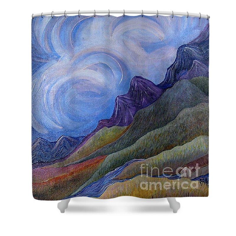 Sky Shower Curtain featuring the painting Heather Hills by Lynellen Nielsen