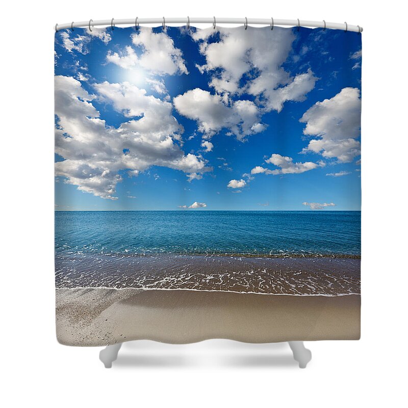 Background Shower Curtain featuring the photograph Heavenly beach under the blue sky by Constantinos Iliopoulos