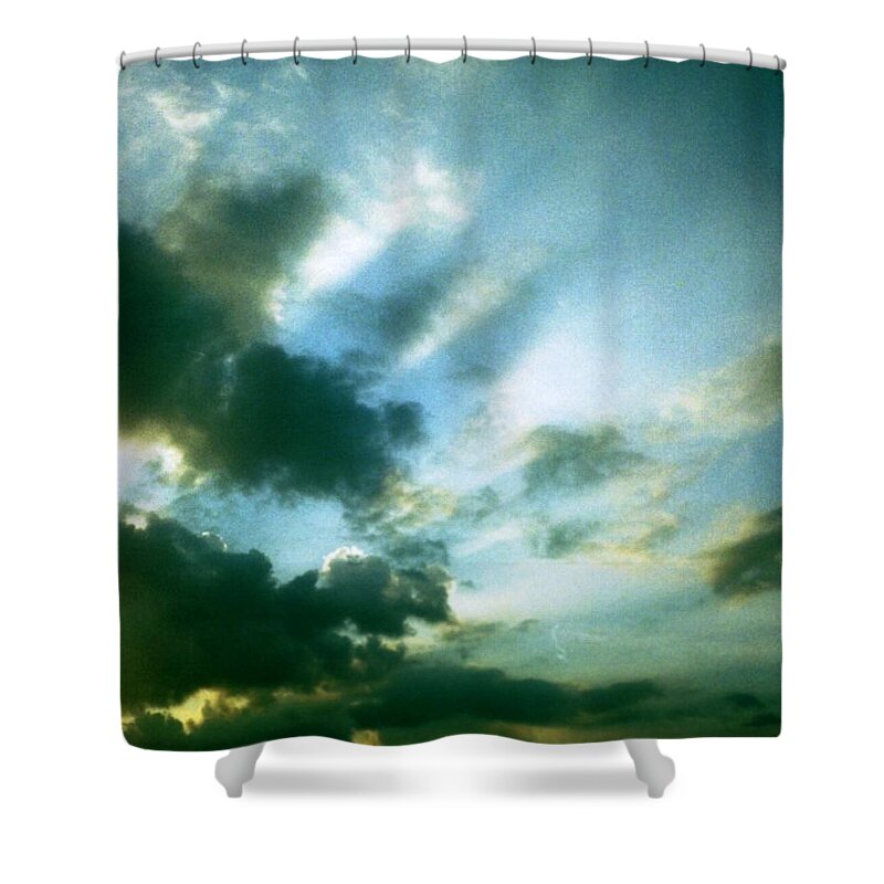 #sunset #stormy #sky #many #clouds #shades #shadows #beams #rays #golden Shower Curtain featuring the photograph Golden Heavenly Rays by Belinda Lee