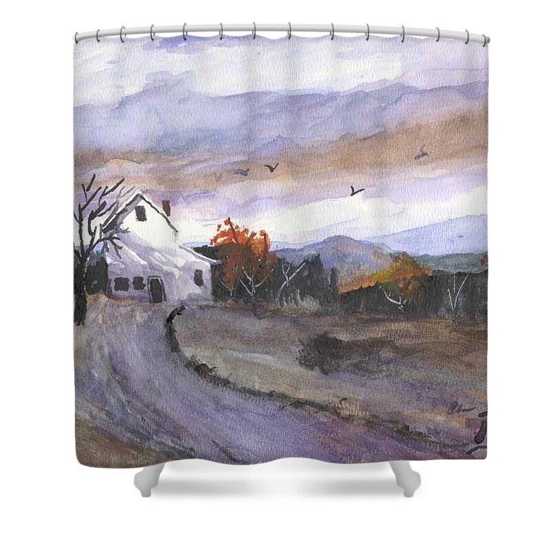 Watercolor Shower Curtain featuring the painting Hebo Farmhouse by Chriss Pagani