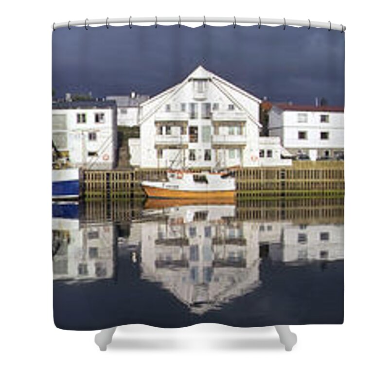 Wide Format Shower Curtain featuring the photograph Henningsvaer panoramic view by Heiko Koehrer-Wagner