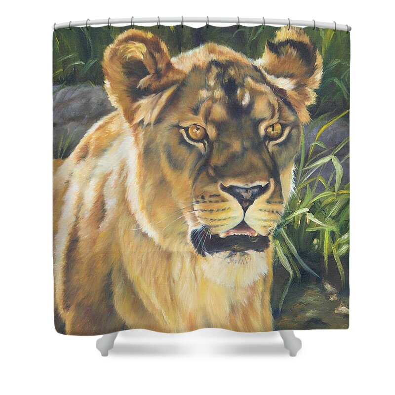 Lion Shower Curtain featuring the painting Her - Lioness by Lori Brackett