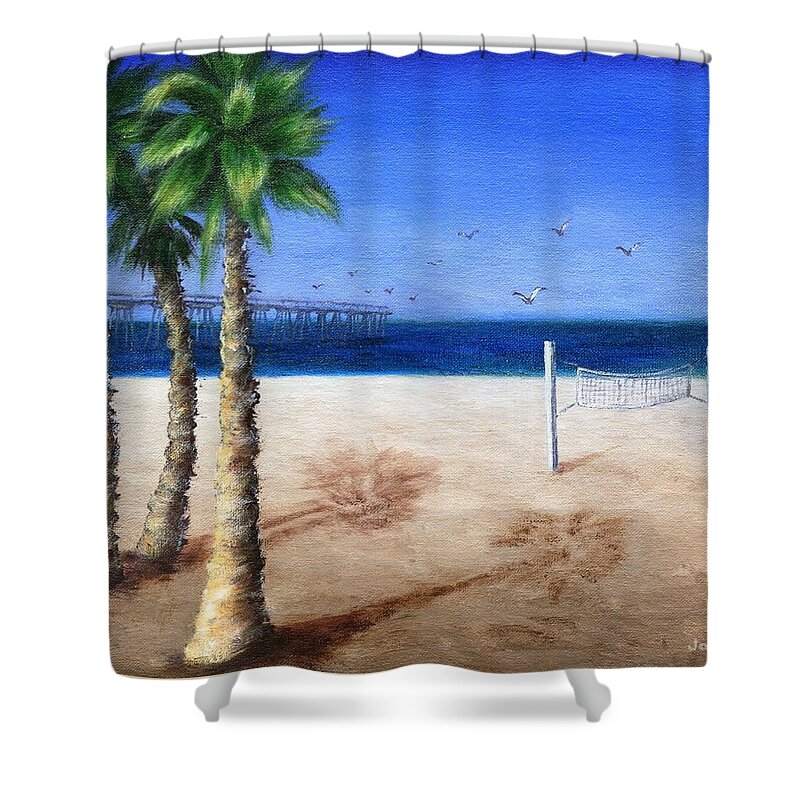 Palm Shower Curtain featuring the painting Hermosa Beach Pier by Jamie Frier