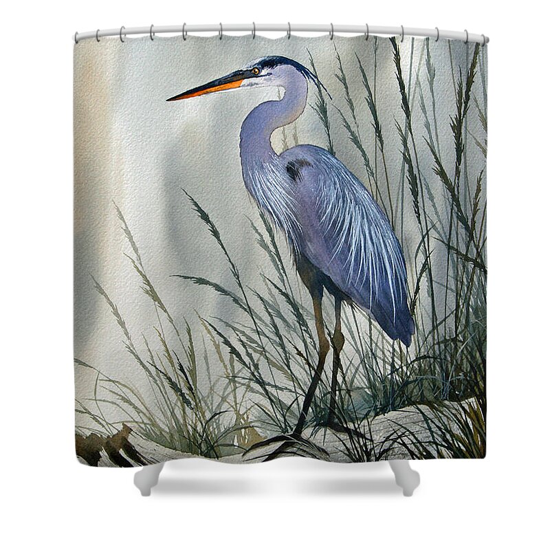 Heron Artwork Shower Curtain featuring the painting Herons Sheltered Retreat by James Williamson