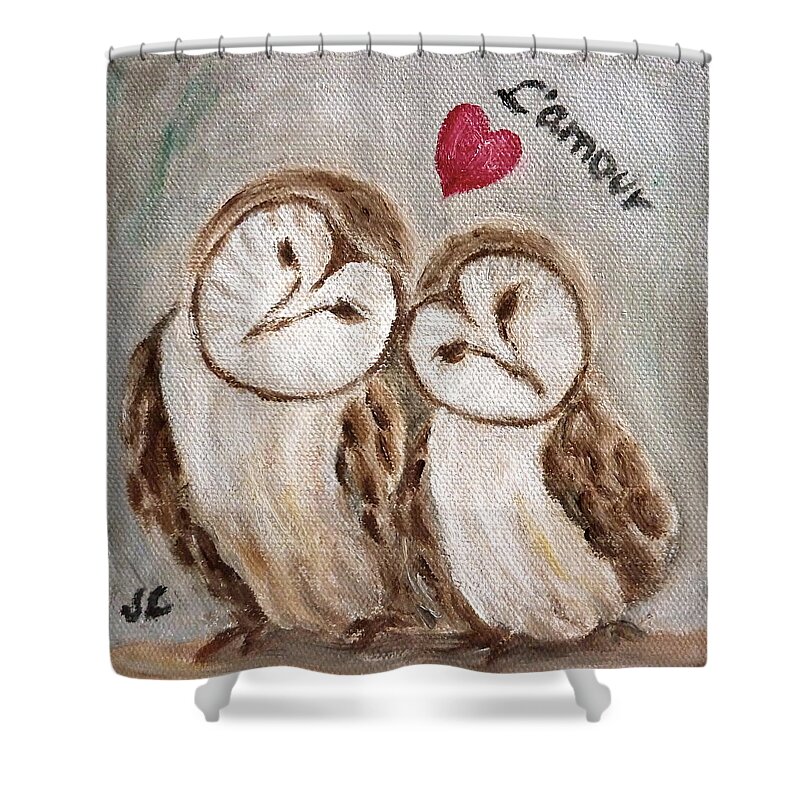 Owl Shower Curtain featuring the painting Hiboux Dans L'amour by Victoria Lakes