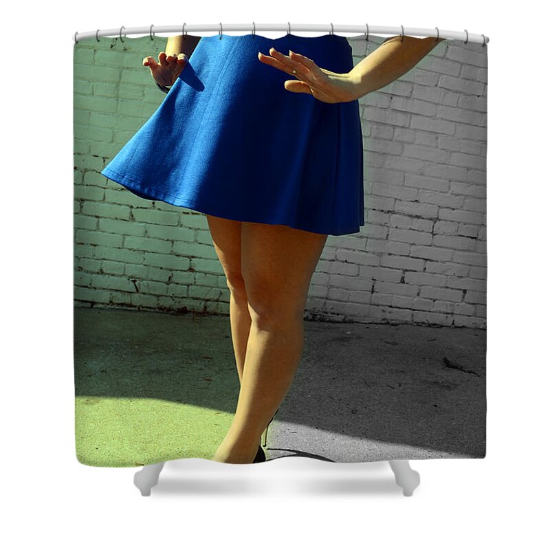 Dress Shower Curtain featuring the photograph High Heels and a Blue Skirt by La Dolce Vita