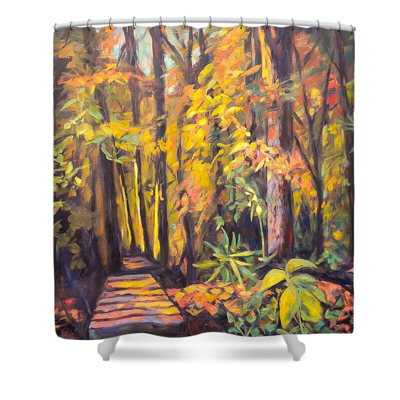 Hikers Trails Shower Curtain featuring the painting Hikers Boards Near Pandapas by Kendall Kessler