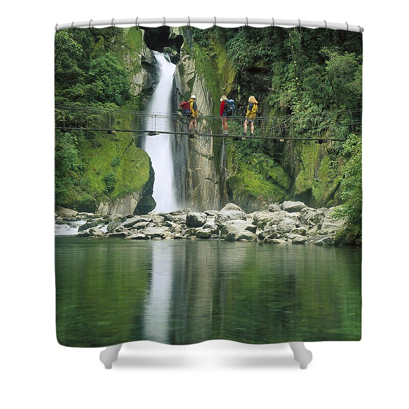 Feb0514 Shower Curtain featuring the photograph Hikers On Bridge Giants Gates Falls by Colin Monteath