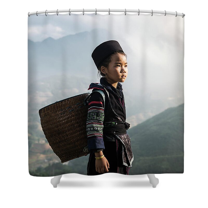 Child Shower Curtain featuring the photograph Hill Tribe Girl Standing On Hill Side by Martin Puddy