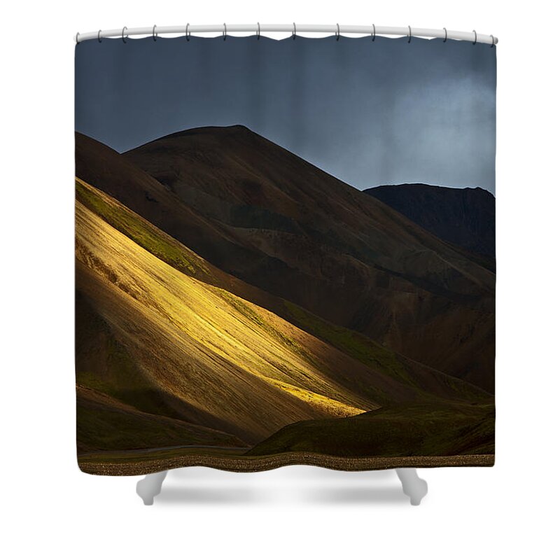 Heike Odermatt Shower Curtain featuring the photograph Hills At Sunset Landmannalaugar by Heike Odermatt