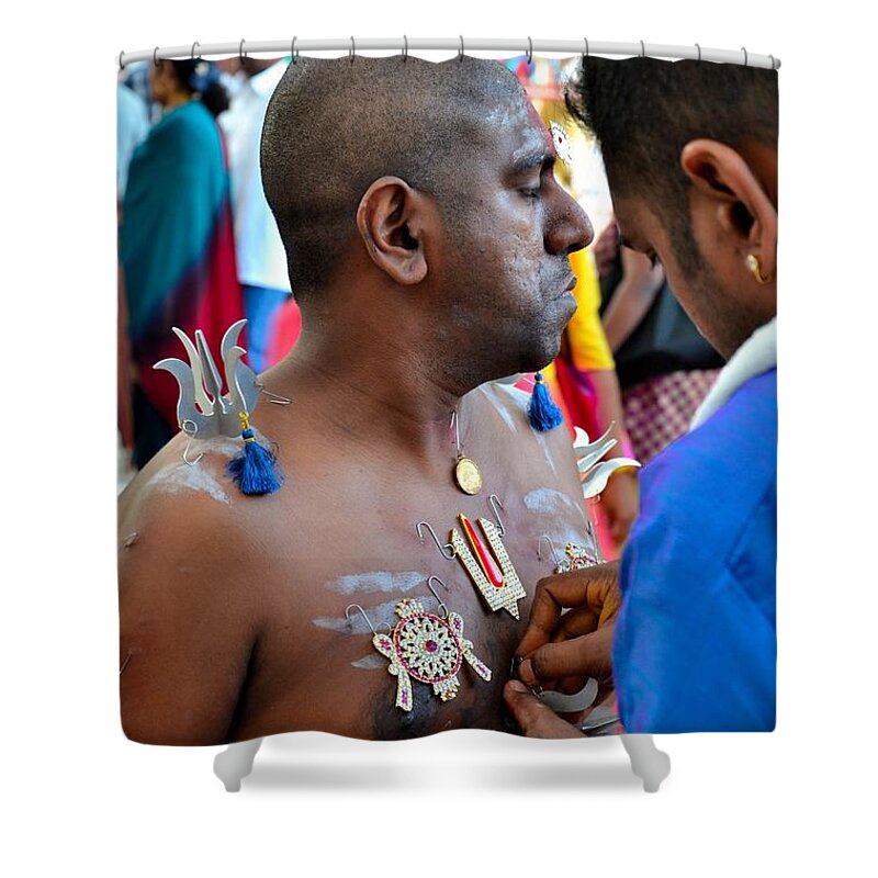 Thaipusam Shower Curtain featuring the photograph Hindu devotees prepare for Thaipusam festival Singapore by Imran Ahmed