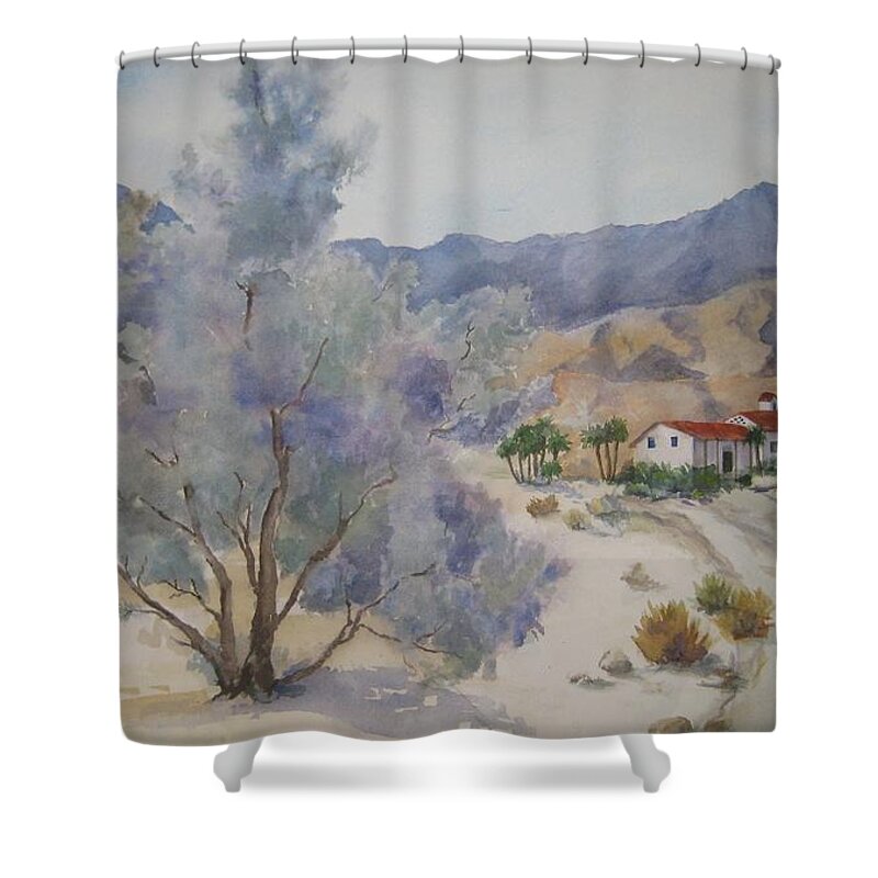 Desertscape Shower Curtain featuring the painting Historic La Quinta Cove by Maria Hunt
