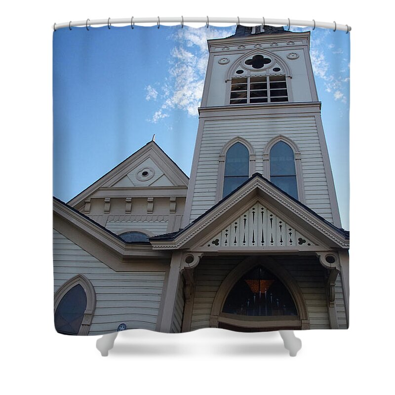 Historic Shower Curtain featuring the photograph Historic Methodist Church Looking Up by Mick Anderson