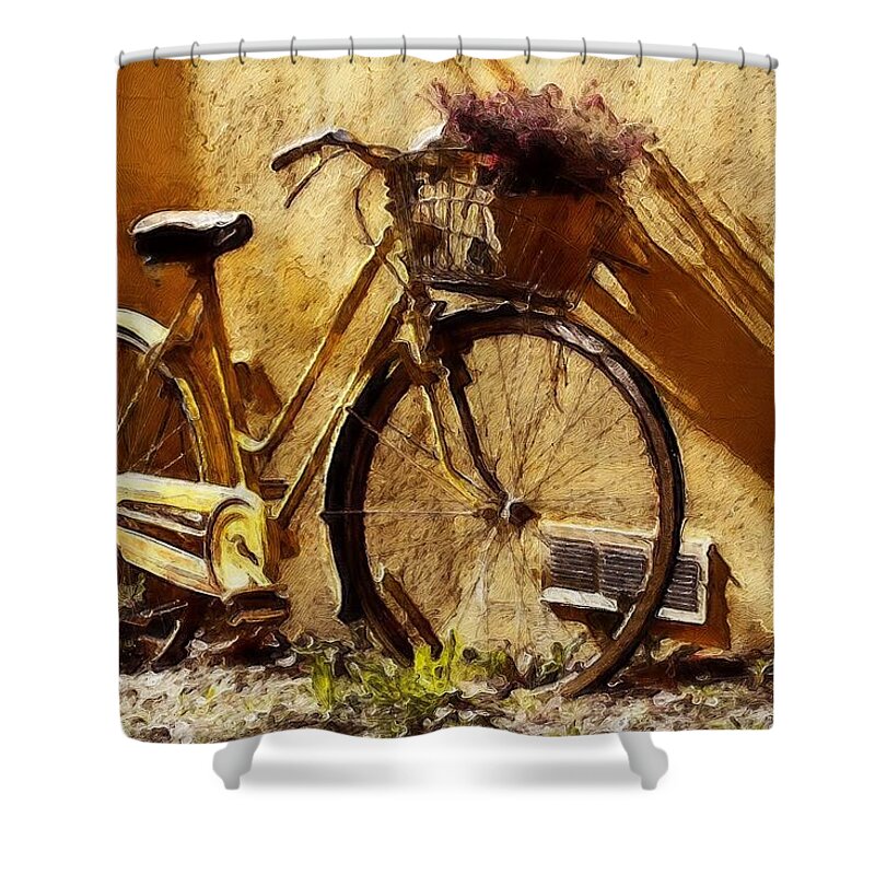 Bike Shower Curtain featuring the painting Hitching a Ride by Sandy MacGowan