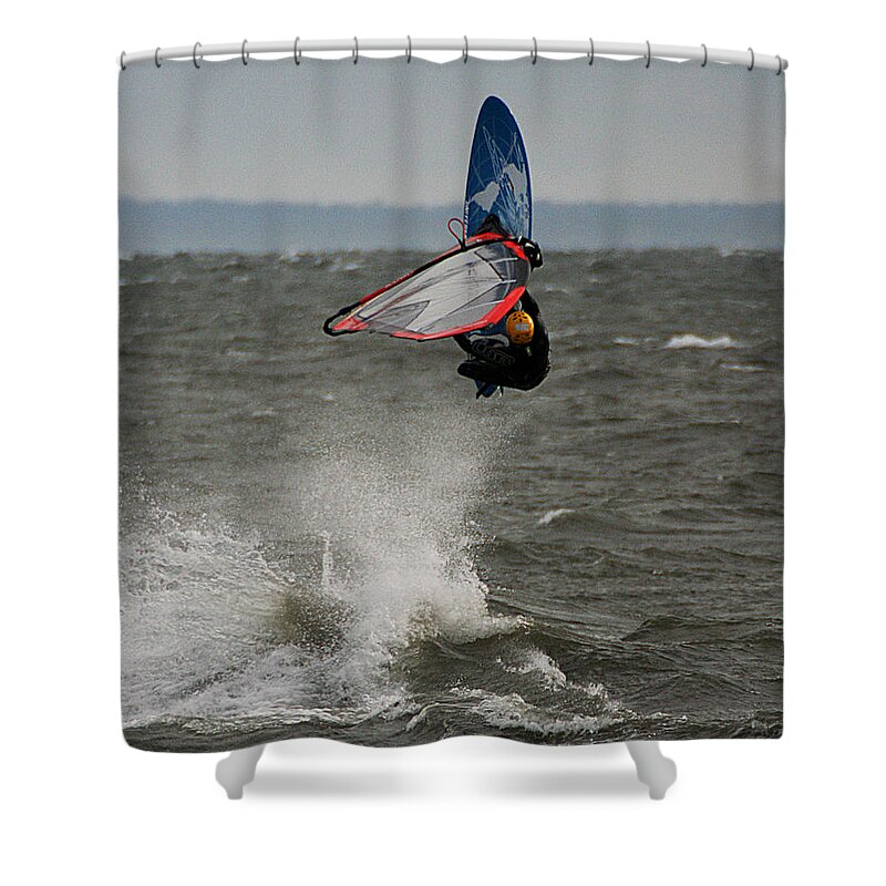 Water Shower Curtain featuring the photograph Hitting a Wave 1 by William Selander