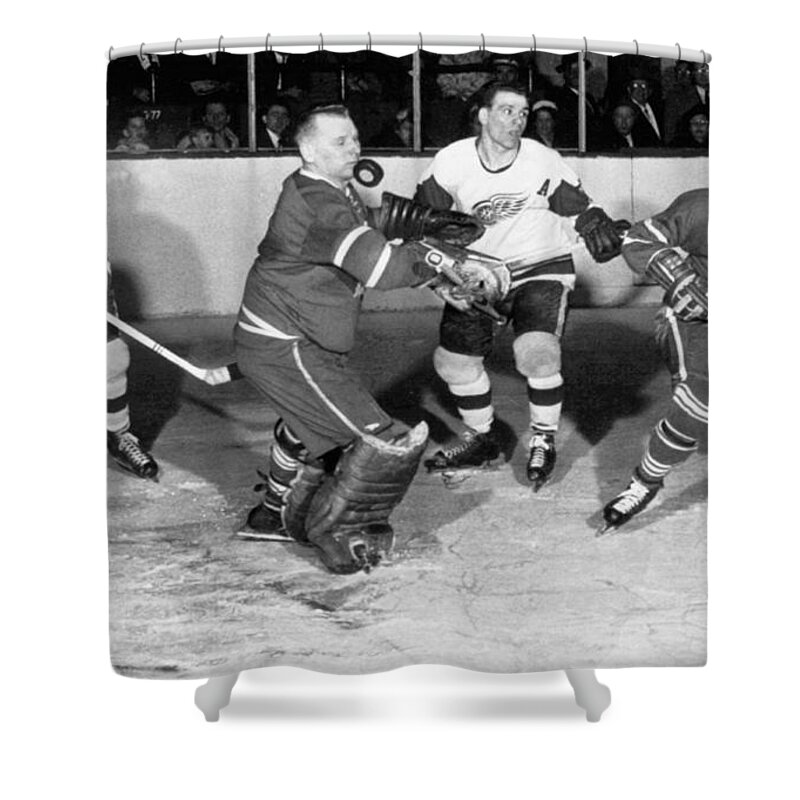 1950s Shower Curtain featuring the photograph Hockey Goalie Chin Stops Puck by Underwood Archives