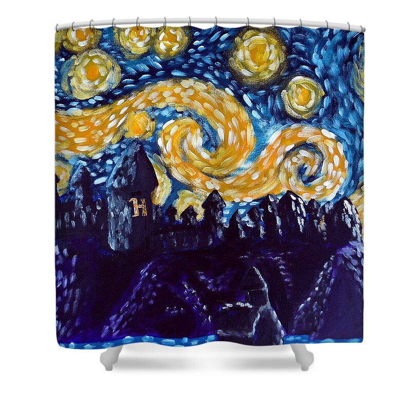 Hogwarts Shower Curtain featuring the painting Hogwarts Starry Night by Jera Sky
