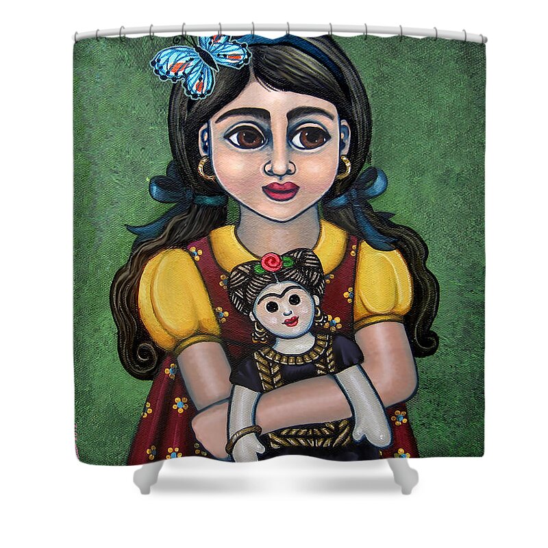 Frida Shower Curtain featuring the painting Holding Frida with Butterfly by Victoria De Almeida